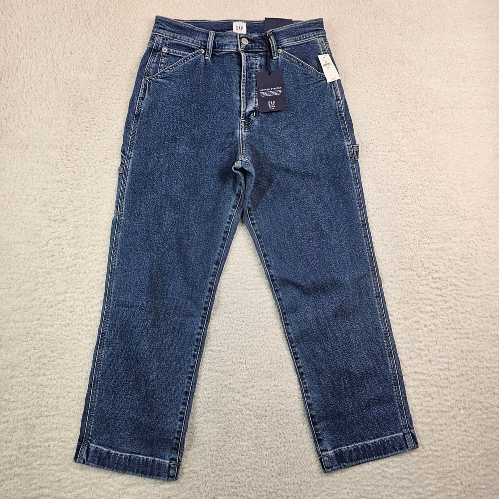 Gap High Rise Carpenter Jeans Womens 8/29 Blue Vintage Stretch Button‎ Fly New